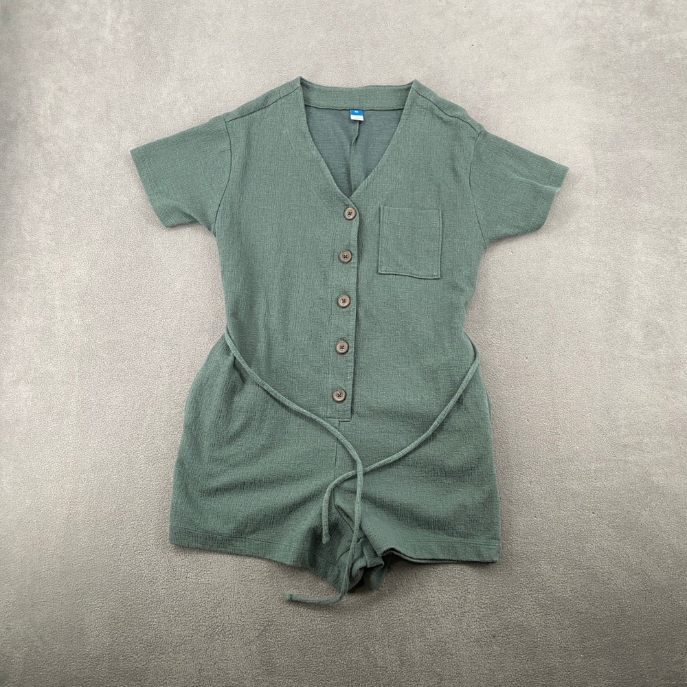 Old Navy Womens XS Textured Button Front Short Sleeve Romper Sage Green Tie